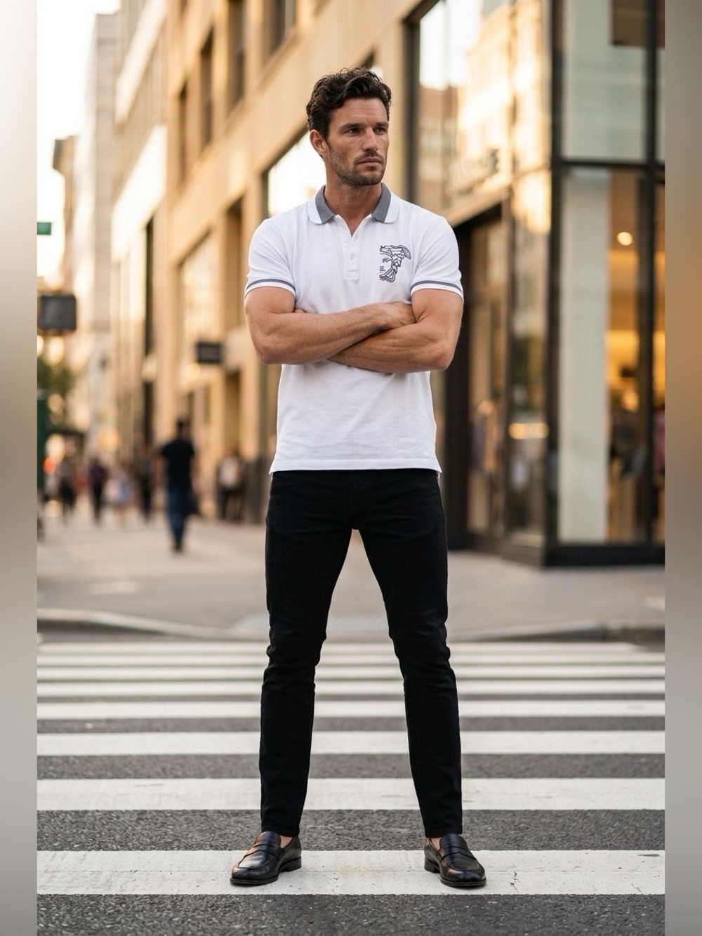 Versace Collection White Polo with Gray Trim and Embroidered Chest